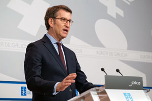 O titular do Goberno galego, Alberto Núñez Feijóo, durante a rolda de prensa posterior á reunión semanal do Consello da Xunta. San Caetano, Santiago de Compostela, 27/02/20.