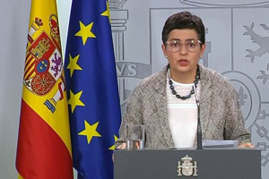 La ministra de Exteriores, Arancha González Laya, durante su comparecencia de esta tarde en La Moncloa.