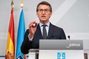O titular do Goberno galego, Alberto Núñez Feijóo, durante a rolda de prensa posterior á reunión semanal do Consello da Xunta. San Caetano, Santiago de Compostela, 08/04/20.
