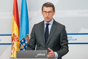 O titular do Goberno galego, Alberto Núñez Feijóo, comparece para valorar o Plan de desescalada anunciado polo Goberno central. Edificio Administratito de San Caetano, Santiago de Compostela, 19/04/20.