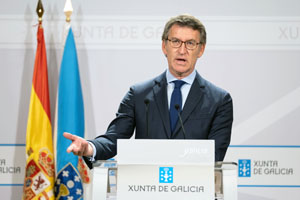 O titular do Goberno galego, Alberto Núñez Feijóo, durante a rolda de prensa posterior á reunión semanal do Consello da Xunta. San Caetano, Santiago de Compostela, 17/07/20.