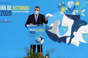 Oviedo. 8-7-2020. El presidente del Principado de Asturias, Adrián Barbón, preside el acto institucional de conmemoración del Día de Asturias. Asisten también los miembros del Consejo de Gobierno.
Foto: Armando Álvarez.