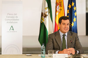 Juanma Moreno, durante su intervención en el XI Pleno del Consejo de comunidades andaluzas.