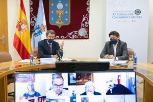 O titular do Goberno galego, Alberto Núñez Feijóo, participa por videoconferencia na clausura do encontro da Comisión Delegada do XXII Consello de Comunidades Galegas. Na sala de reunións da área de Goberno (Pazo do Hórreo. Parlamento de Galicia () , 21/12/20.