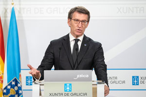 O titular do Goberno galego, Alberto Núñez Feijóo, durante a rolda de prensa posterior á reunión semanal do Consello da Xunta. San Caetano, Santiago de Compostela, 25/02/21.