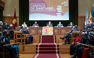 O presidente da Xunta, Alberto Núñez Feijóo, acompaña á S. M. o Rei Felipe VI, na inauguración do I Congreso Mundial Xacobeo da Academia Xacobea. , Santiago de Compostela, 03/06/21.