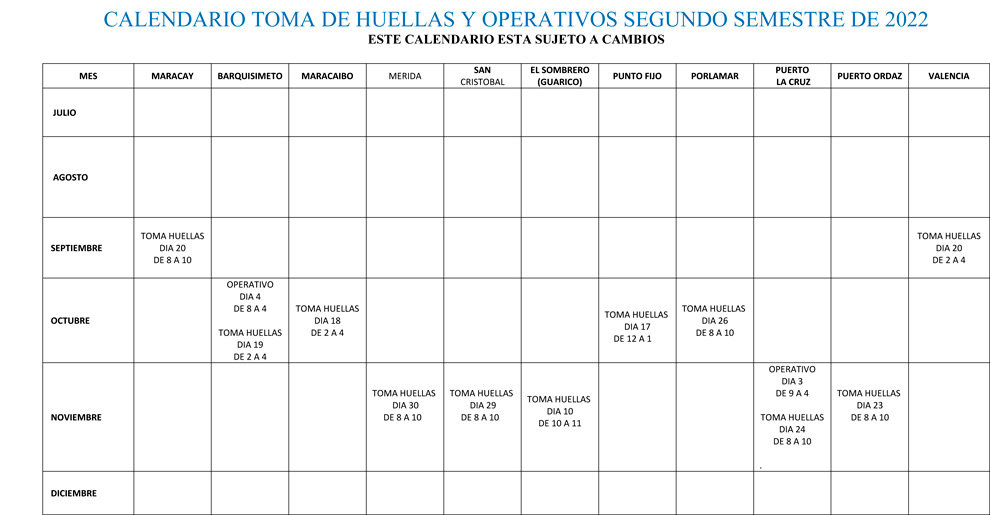 CALENDARIO Y OPERATIVOS DE TOMA DE HUELLAS, SEGUNDO semestre 2022