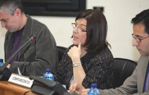 Laura Sánchez Piñón, durante su comparecencia en el Parlamento gallego.
