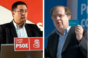 El socialista Óscar López y el popular Juan Vicente Herrera, durante dos actos de la campaña electoral para las elecciones del 22 de mayo.