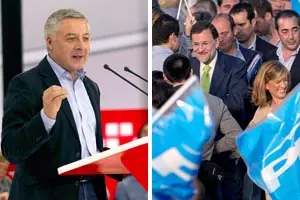 A la izda., José Blanco, en Langreo. A la dcha., Rajoy en Oviedo.