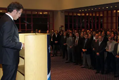  Feijóo, durante su intervención en el encuentro empresarial organizado por NCG Banco. 