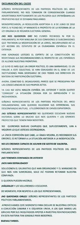  Texto íntegro de la declaración del Consejo General de la Ciudadanía Española en el Exterior a los grupos parlamentarios.