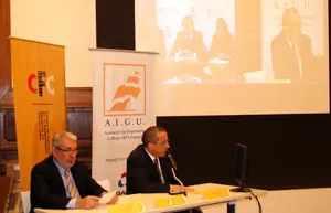  El presidente de AEGU, Jorge Exp&oacute;sito, y el delegado de la Xunta, Manuel Barros, durante la videoconferencia.