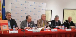 Ulises Bértolo, el director del CNI, Félix Sanz, el delegado del a Xunta, José Ramón Ónega, el director de la Academia Xacobea, Jesús Palmou, y José Membrive