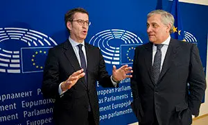 Bruselas, dÌa 15 de Mayo 2018; 
El presidente de la Xunta de Galicia, Alberto N˙Òez FeijÛo (iz), se reune con el presidente del Parlamento Europeo, Antonio Tajani (de); en el despacho del Presidente PE; 
Photo © Horst Wagner / EFE