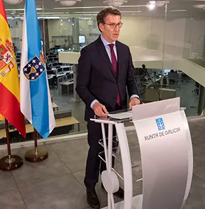 O titular do Goberno galego, Alberto Núñez Feijóo, na rolda posterior á reunión do Consello da Xunta. No Centro de Atención de Emerxencias CAE 112 Galicia. A Estrada (Pontevedra), 18/03/20.