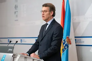 O titular do Goberno galego, Alberto Núñez Feijóo, durante a rolda de prensa posterior á reunión semanal do Consello da Xunta. San Caetano, Santiago de Compostela, 08/04/20.