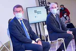 O titular do Goberno galego, Alberto Núñez Feijóo, acompañado do vicepresidente segundo e conselleiro de Economía, Empresa e Innovación, Francisco Conde, preside a reunión constitutiva da comisión Galicia, Next Generation EU. Edificio CINC - Cidade da Cultura, Santiago de Compostela, 13/10/20.