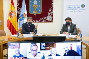 O titular do Goberno galego, Alberto Núñez Feijóo, participa por videoconferencia na clausura do encontro da Comisión Delegada do XXII Consello de Comunidades Galegas. Na sala de reunións da área de Goberno (Pazo do Hórreo. Parlamento de Galicia () , 21/12/20.