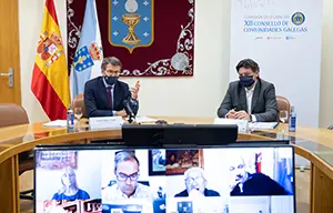 O titular do Goberno galego, Alberto Núñez Feijóo, participa por videoconferencia na clausura do encontro da Comisión Delegada do XXII Consello de Comunidades Galegas. Na sala de reunións da área de Goberno (Pazo do Hórreo. Parlamento de Galicia () , 21/12/20.