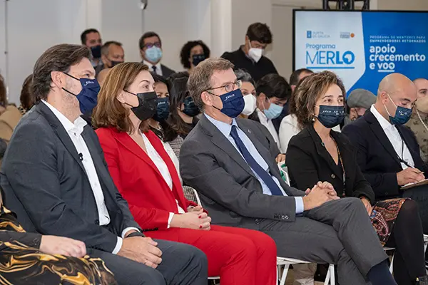 O presidente da Xunta, Alberto Núñez Feijóo, acompañado do secretario xeral para a Emigración, Antonio Rodríguez Miranda, participa no encontro Retorno Emprendedor: Programa Merlo. Cidade da Cultura - Edificio CINC (Santiago de Compostela), 26/10/2021