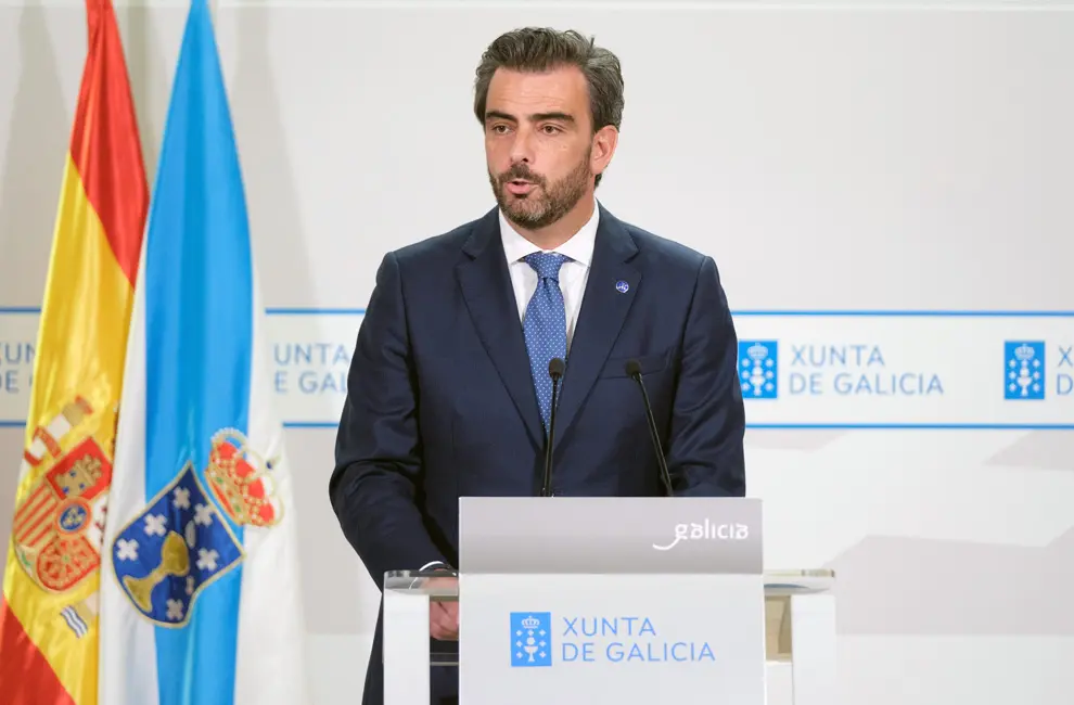 O vicepresidente primeiro e conselleiro de Presidencia, Xustiza e Deportes, Diego Calvo, durante a rolda de prensa posterior á reunión do Consello da Xunta. Edificio Administrativo de San Caetano, 27/07/2023.