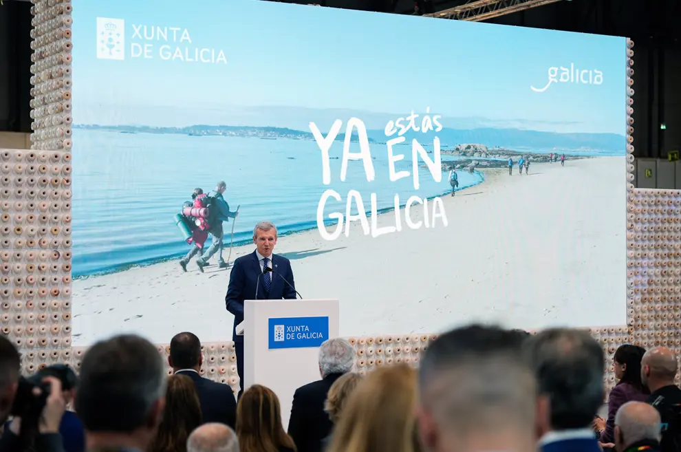 O presidente da Xunta, Alfonso Rueda, participa na presentación da campaña turística Galicia, Terra acolledora, de Turismo de Galicia, na Feira Internacional de Turismo – Fitur 2024. Madrid, 22/01/25.