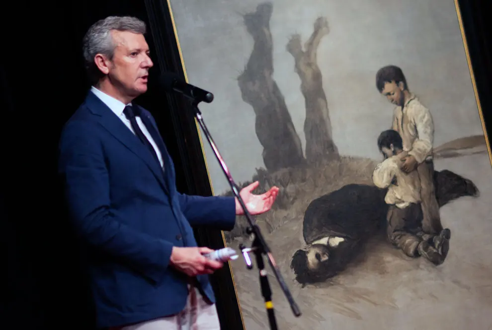 O titular do Executivo galego, Alfonso Rueda, acompañado polo conselleiro de Emprego, Comercio e Emigración, José González, asiste á apertura do curso escolar do Instituto Argentino Gallego Santiago Apóstol no Ano Castelao, e visita o cadro de Castelao Última lección do Mestre. Instituto Santiago Apóstol (Buenos Aires), 07/03/25.