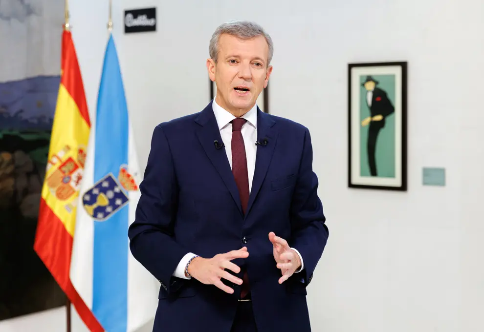 O presidente da Xunta, Alfonso Rueda, durante a gravaci&oacute;n da mesnaxe de Fin de Ano de 2025. Museo Provincial (Pontevedra), 27/12/25.