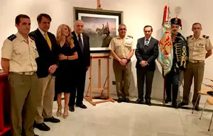 1. De izq.  a dcha. el coronel Hernández Turiño, el pintor Dalmau, la Dra. Fidalgo, el delegado de la Xunta en Madrid J. Ramón Ónega, el jefe de E. M. del E. T. Fco. J. Varela, el húsar y M. Navas