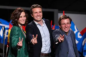 26/05/2019 Isabel Garc..a Ayuso, Pablo Casado y Jos.. Luis Mart..nez-Almeida, tras conocer  los buenos resultados obtenidos por su partido en las elecciones municipales.....POLITICA ..Jes..s Hell..n - Europa Press.. elecciones 26m 2019 seguimiento resultados pp madrid