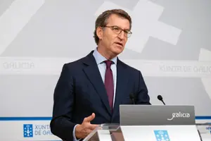 O titular do Goberno galego, Alberto Núñez Feijóo, durante a rolda de prensa posterior á reunión semanal do Consello da Xunta. San Caetano, Santiago de Compostela, 27/03/20.