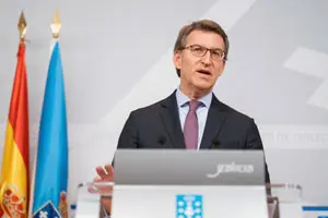 O titular do Goberno galego, Alberto Núñez Feijóo, durante a rolda de prensa posterior á reunión semanal do Consello da Xunta. San Caetano, Santiago de Compostela, 03/04/20.