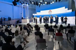 O titular do Goberno galego, Alberto Núñez Feijóo, acompañado dos membros do Executivo autonómico, preside a cerimonia de entrega da Medalla de Ouro de Galicia 2020. Cidade da Cultura (Santiago de Compostela), 24/07/20.