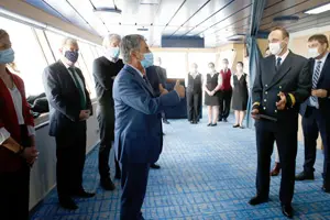 El presidente de Cantabria, Miguel Ángel Revilla, y el consejero de Innovación, Industria, Transporte y Comercio, Francisco Martín, asisten a la presentación del nuevo barco d la compañía  Brittany Ferries, el “Galicia”, que cubrirá la ruta entre Santander y Portsmouth. Debido a la situación sanitaria y por indicación 
1 DIC 20