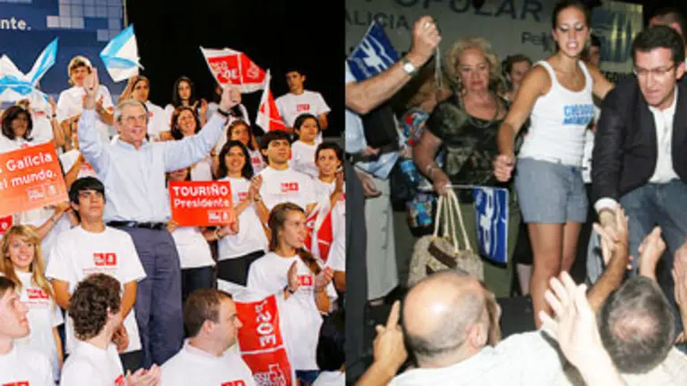 A la izda., P&eacute;rez Touri&ntilde;o, acompa&ntilde;ado por j&oacute;venes, saluda en el mitin de Buenos Aires. A la dcha., N&uacute;&ntilde;ez Feij&oacute;o, saluda a los asistentes a su mitin.