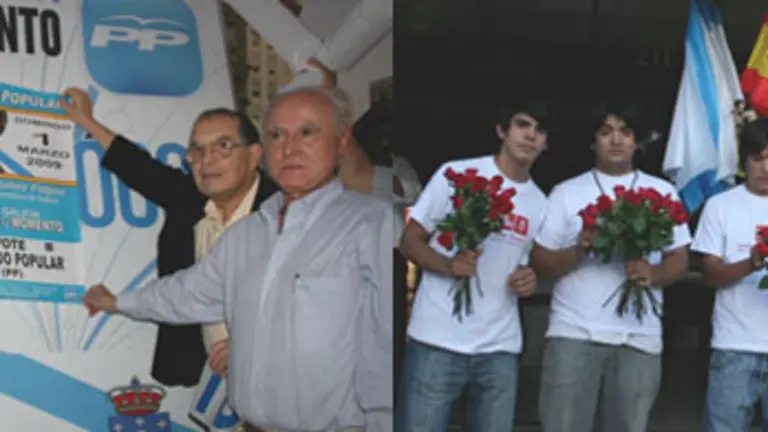  A la izda., Alfredo Prada, Castelao Braga&ntilde;a y Garc&iacute;a Melle pegan un cartel del PP. A la dcha., j&oacute;venes socialistas repartiendo rosas por las calles de Buenos Aires.