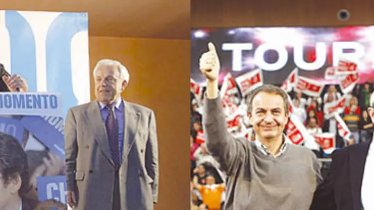  A la izda., Rajoy en un acto en la localidad de Esgos. A la dcha. Zapatero y Touri&ntilde;o en un mitin en Vigo.