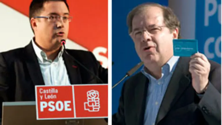 El socialista Óscar López y el popular Juan Vicente Herrera, durante dos actos de la campaña electoral para las elecciones del 22 de mayo.