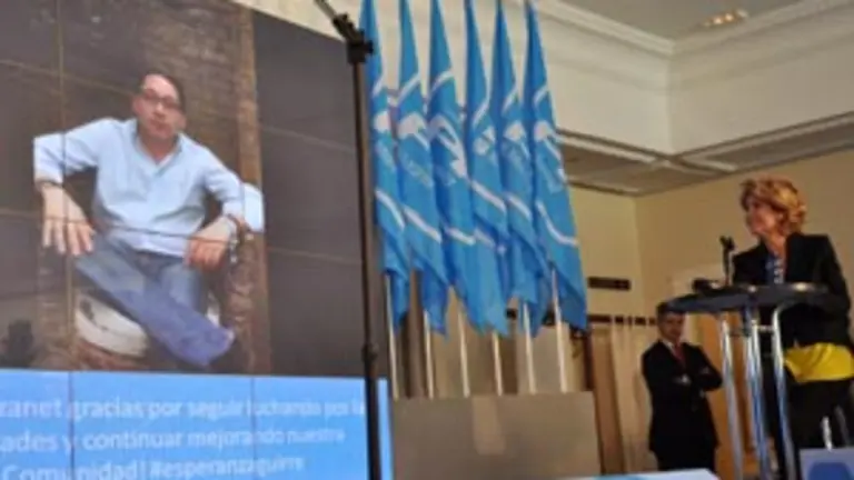 Esperanza Aguirre, en un momento de la conexión con los madrileños del exterior.