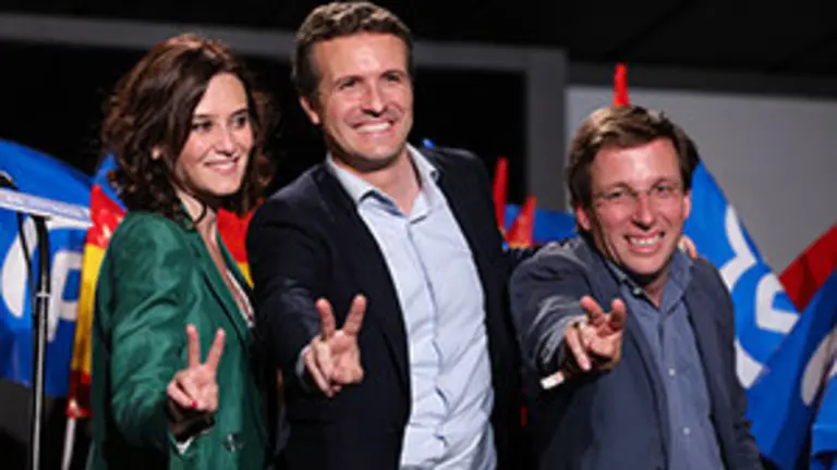 26/05/2019 Isabel Garc..a Ayuso, Pablo Casado y Jos.. Luis Mart..nez-Almeida, tras conocer  los buenos resultados obtenidos por su partido en las elecciones municipales.....POLITICA ..Jes..s Hell..n - Europa Press.. elecciones 26m 2019 seguimiento resultados pp madrid