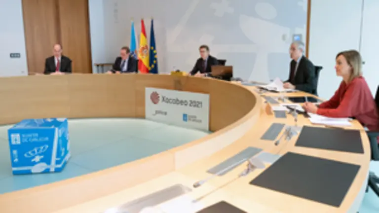 O titular do Goberno galego, Alberto N&uacute;&ntilde;ez Feij&oacute;o, preside a reuni&oacute;n do Consello da Xunta. San Caetano, Santiago de Compostela, 20/03/20.