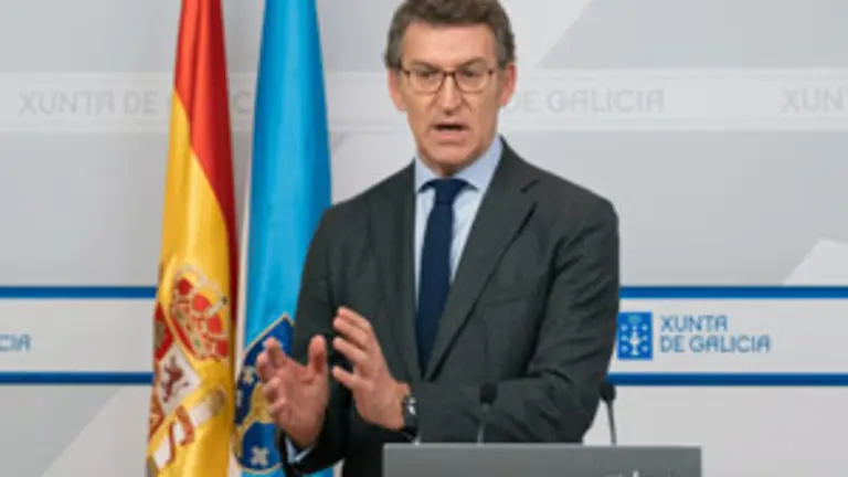 O titular do Goberno galego, Alberto N&uacute;&ntilde;ez Feij&oacute;o, durante a rolda de prensa posterior &aacute; reuni&oacute;n semanal do Consello da Xunta. San Caetano, Santiago de Compostela, 17/04/20.