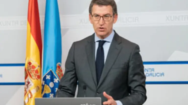 O titular do Goberno galego, Alberto N&uacute;&ntilde;ez Feij&oacute;o, comparece para valorar o Plan de desescalada anunciado polo Goberno central. Edificio Administratito de San Caetano, Santiago de Compostela, 19/04/20.