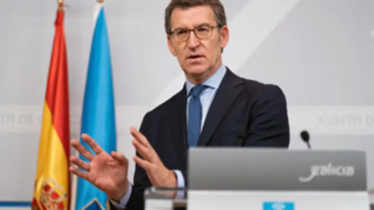 O titular do Goberno galego, Alberto N&uacute;&ntilde;ez Feij&oacute;o, durante a rolda de prensa posterior &aacute; reuni&oacute;n semanal do Consello da Xunta. San Caetano, Santiago de Compostela, 30/04/20.