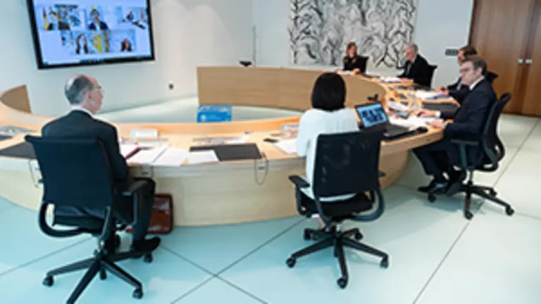 O titular do Goberno galego, Alberto N&uacute;&ntilde;ez Feij&oacute;o, preside a reuni&oacute;n do Consello da Xunta. San Caetano, Santiago de Compostela, 15/05/20.