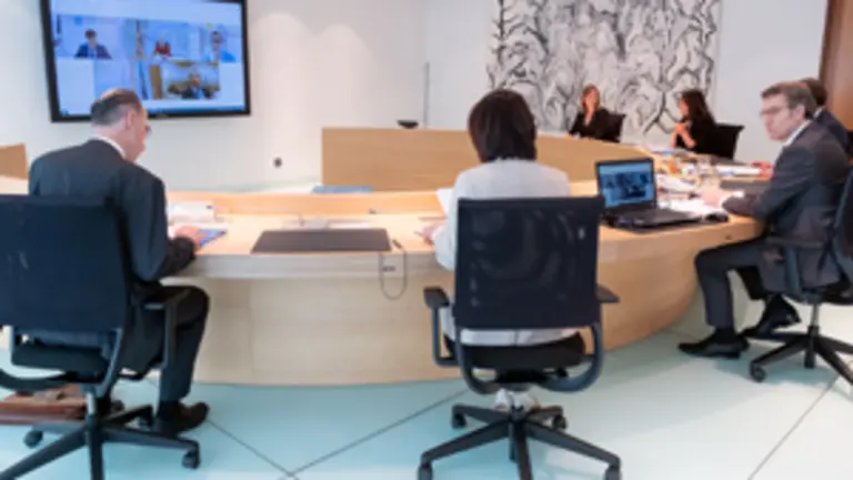 O titular do Goberno galego, Alberto N&uacute;&ntilde;ez Feij&oacute;o, preside a reuni&oacute;n do Consello da Xunta. San Caetano, Santiago de Compostela, 22/05/20.