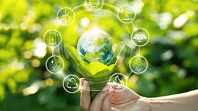 Hand holding light bulb against nature on green leaf with icons energy sources for renewable, sustainable development. Ecology concept. Elements of this image furnished by NASA.
