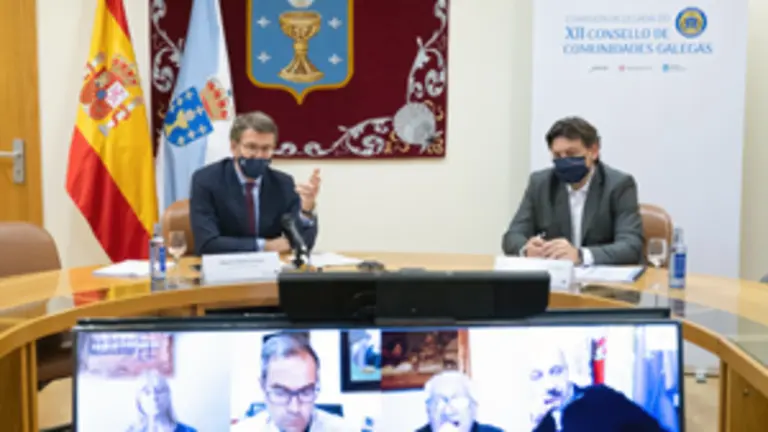 O titular do Goberno galego, Alberto N&uacute;&ntilde;ez Feij&oacute;o, participa por videoconferencia na clausura do encontro da Comisi&oacute;n Delegada do XXII Consello de Comunidades Galegas. Na sala de reuni&oacute;ns da &aacute;rea de Goberno (Pazo do H&oacute;rreo. Parlamento de Galicia () , 21/12/20.