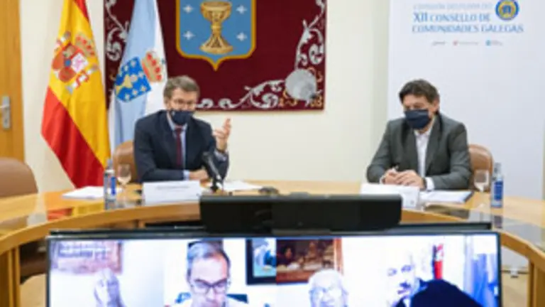 O titular do Goberno galego, Alberto N&uacute;&ntilde;ez Feij&oacute;o, participa por videoconferencia na clausura do encontro da Comisi&oacute;n Delegada do XXII Consello de Comunidades Galegas. Na sala de reuni&oacute;ns da &aacute;rea de Goberno (Pazo do H&oacute;rreo. Parlamento de Galicia () , 21/12/20.